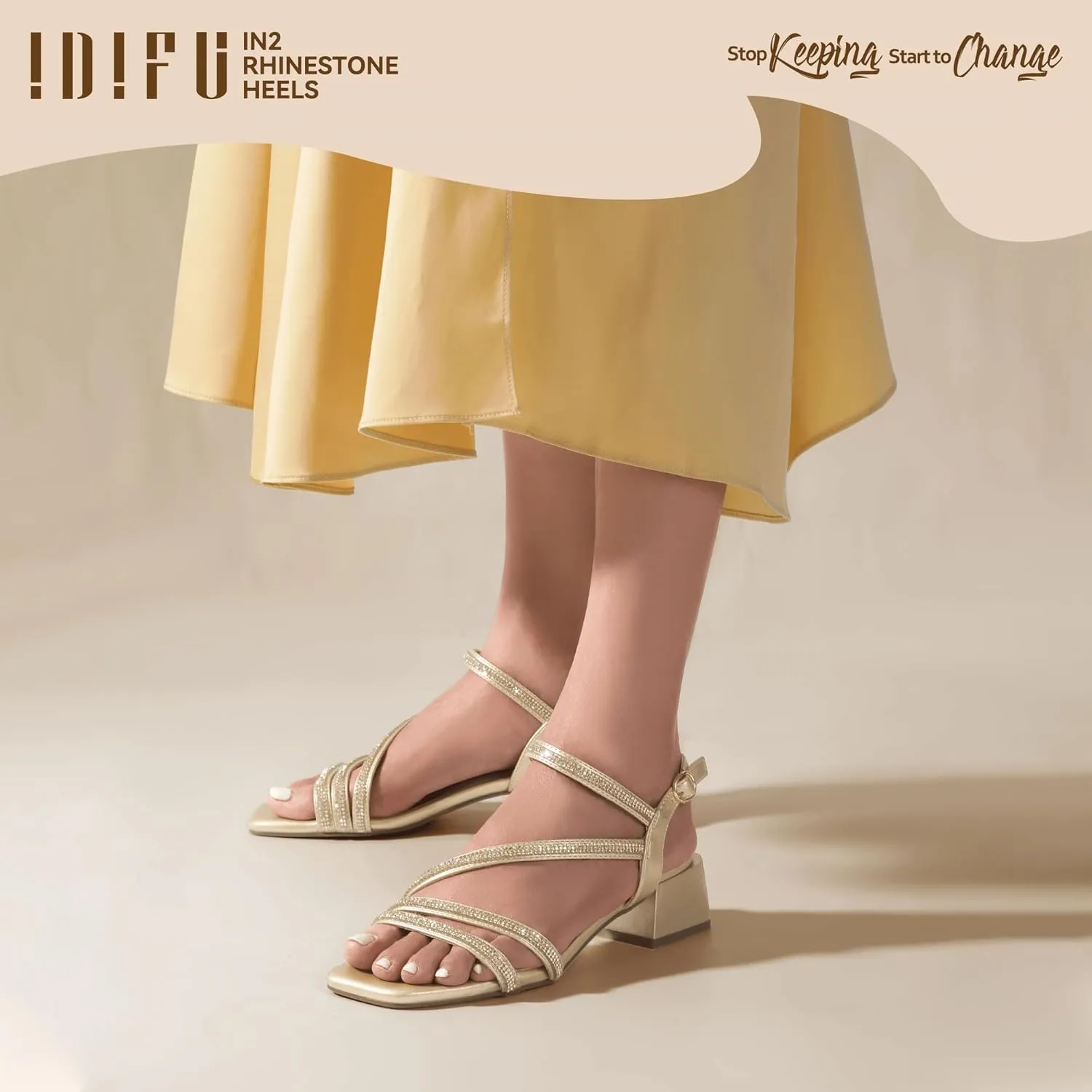 IDIFU IN2 Rhinestone Strappy Heels for Women Low Block Chunky Heels Square Open Toe Slingback Heeled Sandals Prom Wedding Bridal Dress Shoes Comfortable Sparkly Dressy Cute Trendy Short Thick Heels