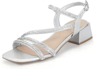 IDIFU IN2 Rhinestone Strappy Heels for Women Low Block Chunky Heels Square Open Toe Slingback Heeled Sandals Prom Wedding Bridal Dress Shoes Comfortable Sparkly Dressy Cute Trendy Short Thick Heels