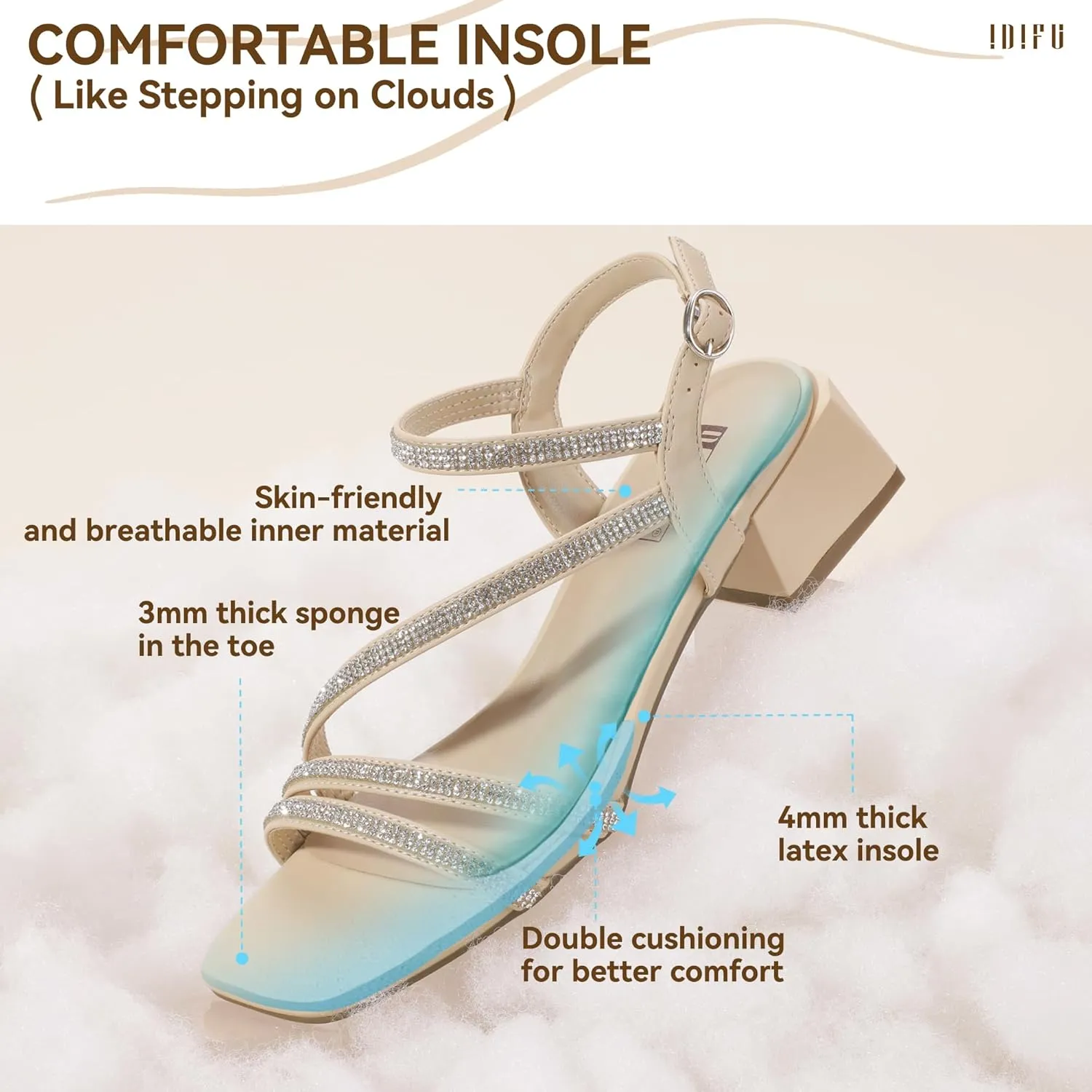 IDIFU IN2 Rhinestone Strappy Heels for Women Low Block Chunky Heels Square Open Toe Slingback Heeled Sandals Prom Wedding Bridal Dress Shoes Comfortable Sparkly Dressy Cute Trendy Short Thick Heels