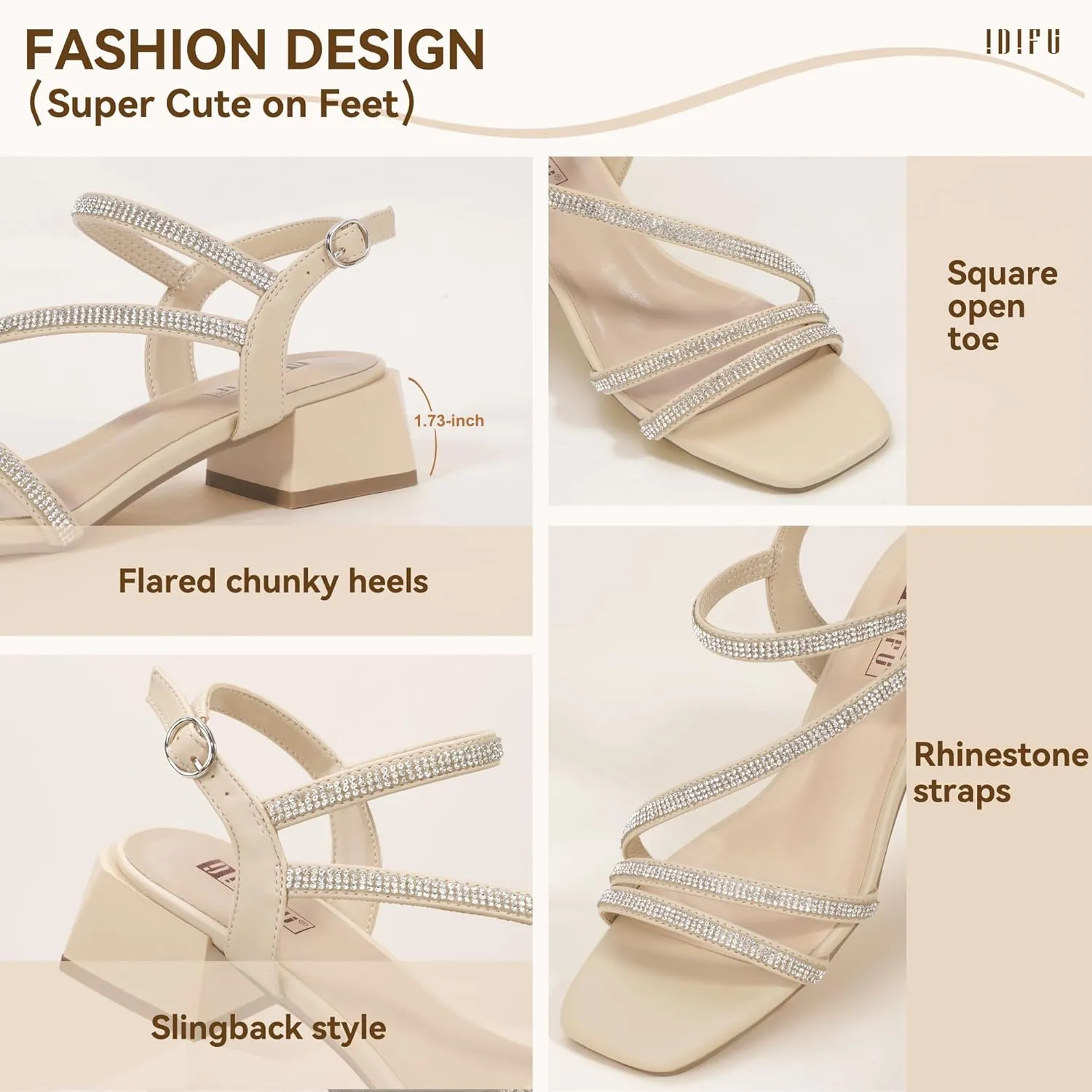 IDIFU IN2 Rhinestone Strappy Heels for Women Low Block Chunky Heels Square Open Toe Slingback Heeled Sandals Prom Wedding Bridal Dress Shoes Comfortable Sparkly Dressy Cute Trendy Short Thick Heels