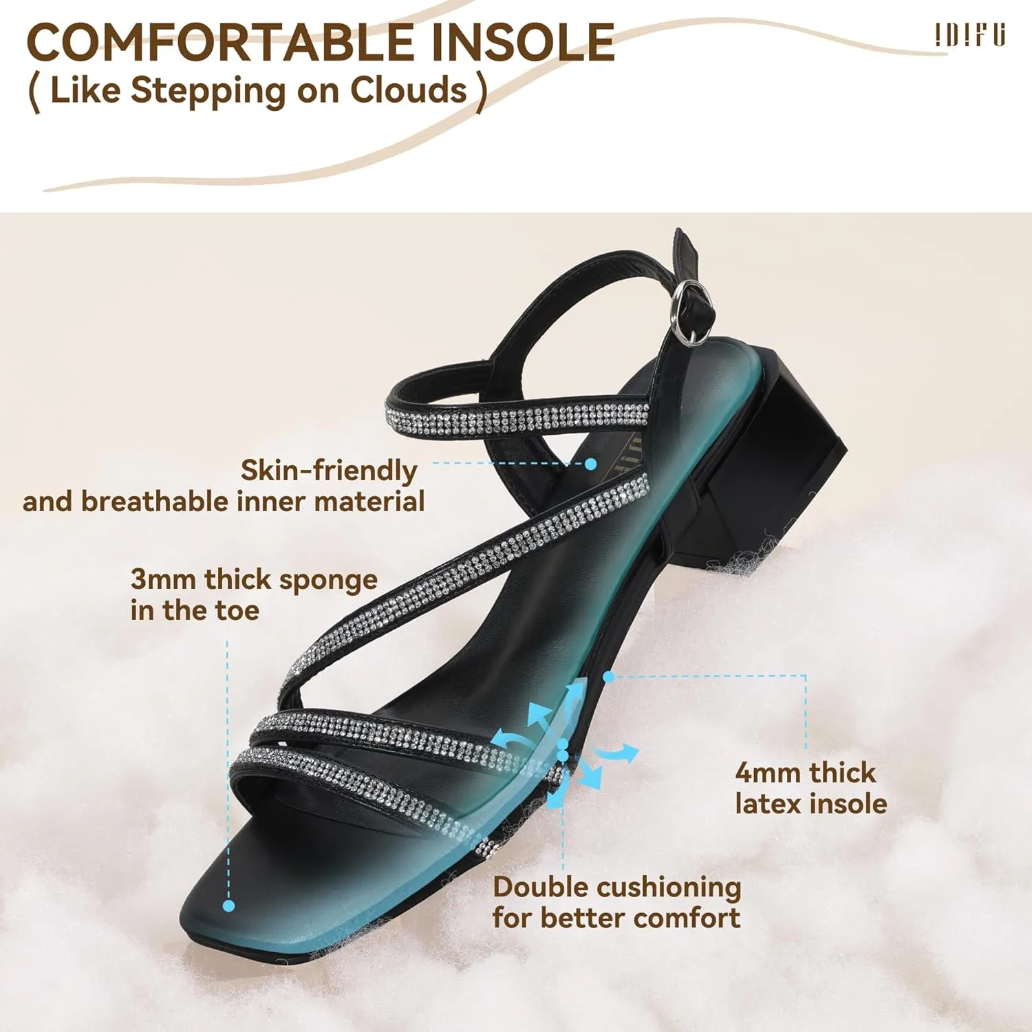 IDIFU IN2 Rhinestone Strappy Heels for Women Low Block Chunky Heels Square Open Toe Slingback Heeled Sandals Prom Wedding Bridal Dress Shoes Comfortable Sparkly Dressy Cute Trendy Short Thick Heels
