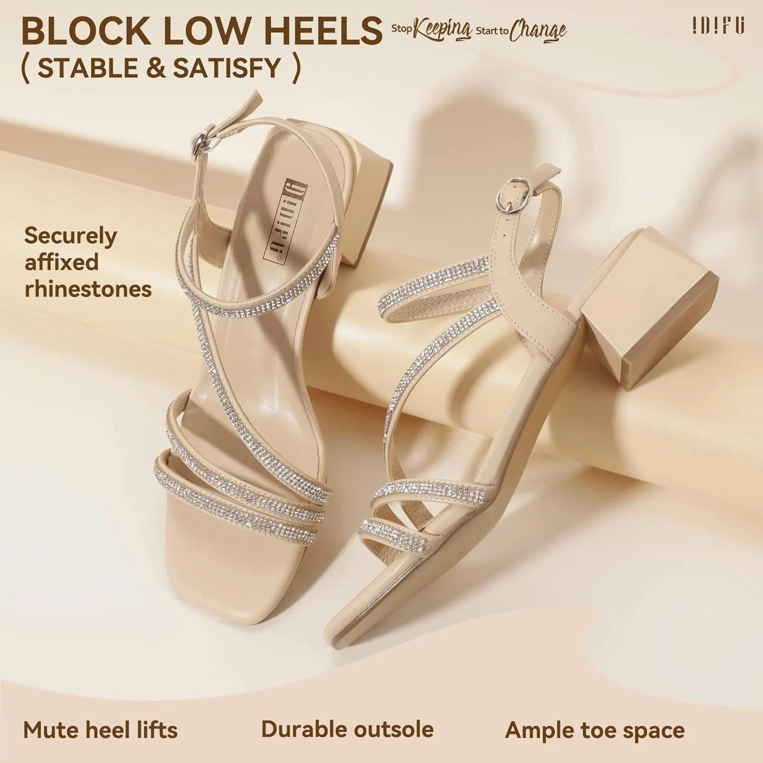 IDIFU IN2 Rhinestone Strappy Heels for Women Low Block Chunky Heels Square Open Toe Slingback Heeled Sandals Prom Wedding Bridal Dress Shoes Comfortable Sparkly Dressy Cute Trendy Short Thick Heels