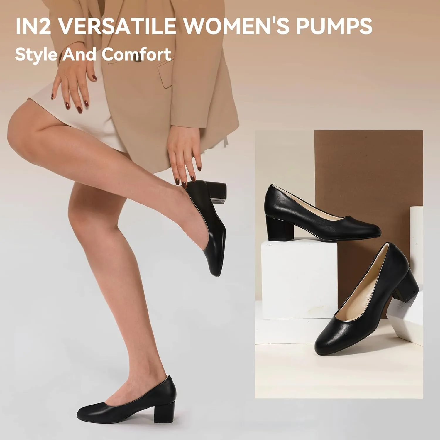 IDIFU IN2 Women's Pumps Low Chunky Block Closed Toe Heels Comfortable Short Dress Shoes for Women Ladies Flight Attendant Wedding Bridal Homecoming Work Heels Dressy Formal Round Toe Pumps Shoes