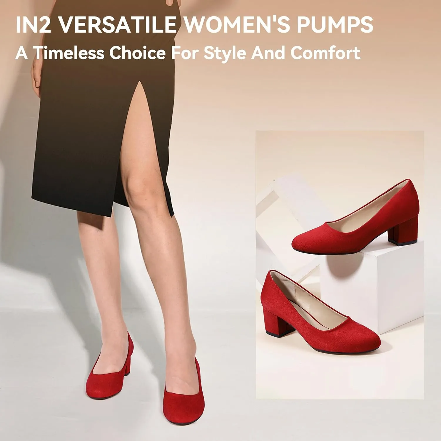 IDIFU IN2 Women's Pumps Low Chunky Block Closed Toe Heels Comfortable Short Dress Shoes for Women Ladies Flight Attendant Wedding Bridal Homecoming Work Heels Dressy Formal Round Toe Pumps Shoes