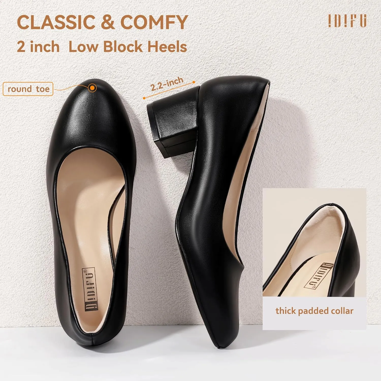 IDIFU IN2 Women's Pumps Low Chunky Block Closed Toe Heels Comfortable Short Dress Shoes for Women Ladies Flight Attendant Wedding Bridal Homecoming Work Heels Dressy Formal Round Toe Pumps Shoes