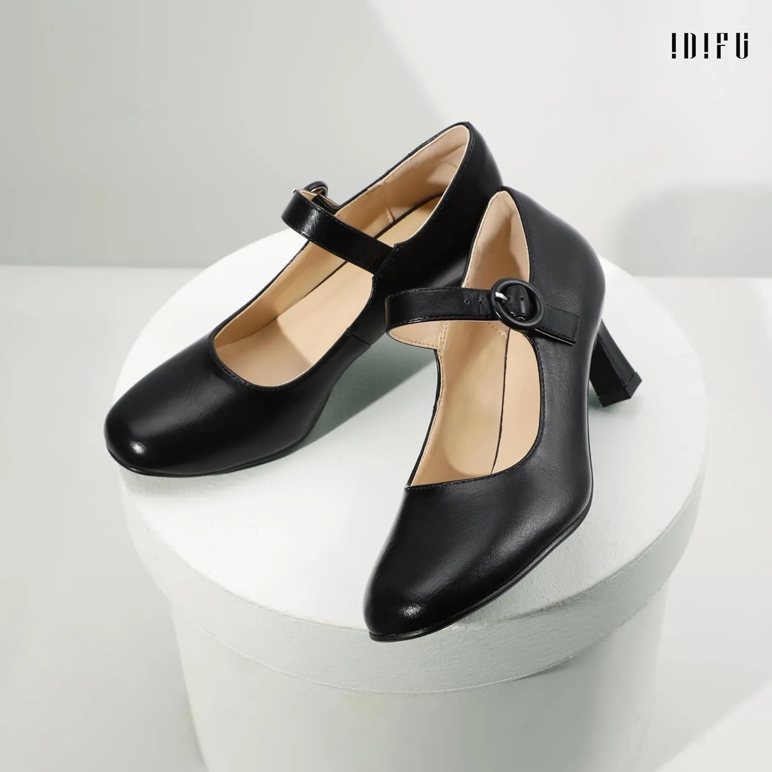 IDIFU IN3 Mary Jane Shoes Women's Closed Round Toe Low Short Small Heels Dressy Heeled Dress Shoes for Women Bride Ladies Wedding Work Comfortable Trendy Pumps with Round Buckle