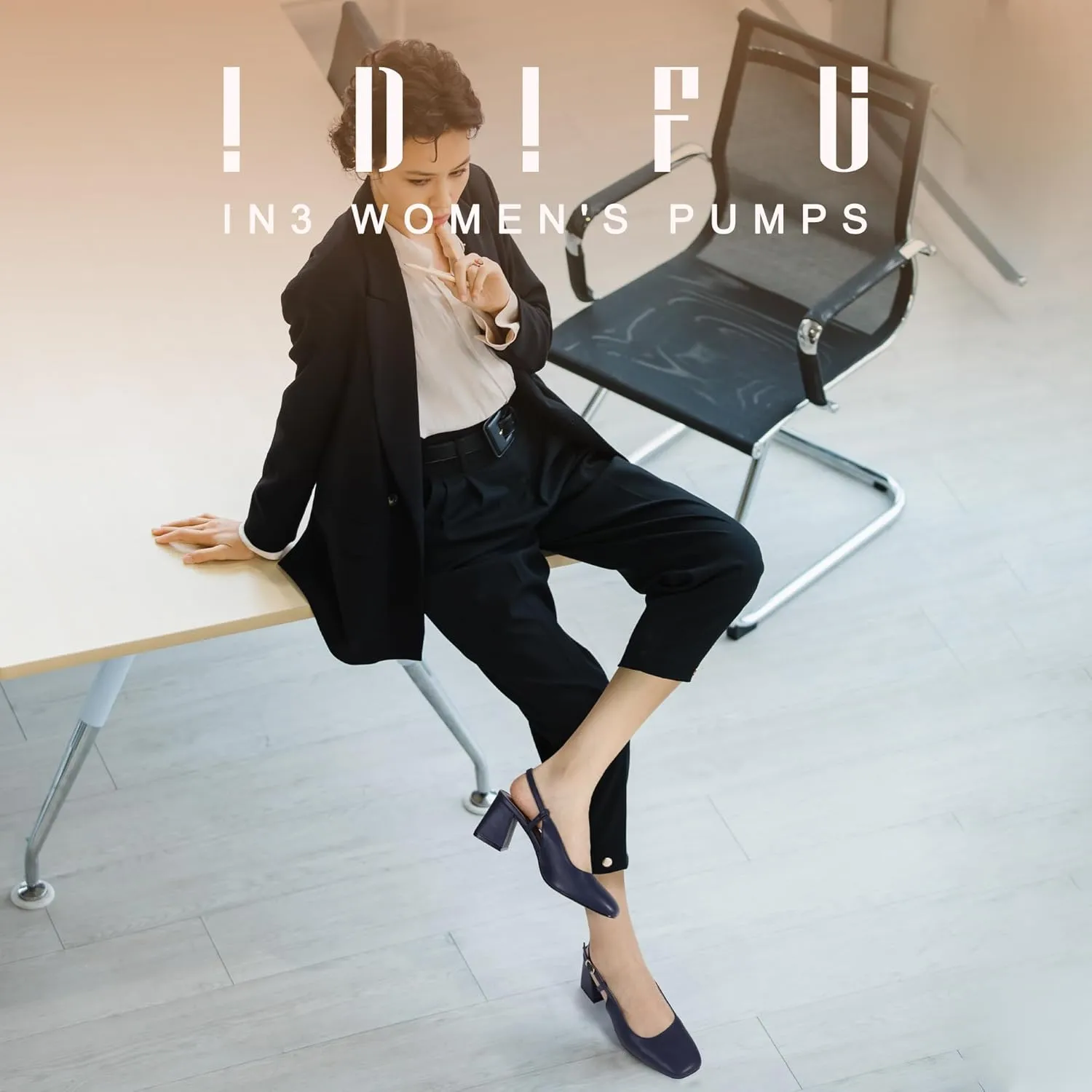 IDIFU IN3 Women's Pumps Closed Toe Chunky Heels Low Slingback Block Square Toe Short Thick Heels Wedding Bride Prom Office Bridal Work Dress Shoes for Women Comfortable Cute Professional Pumps Shoes