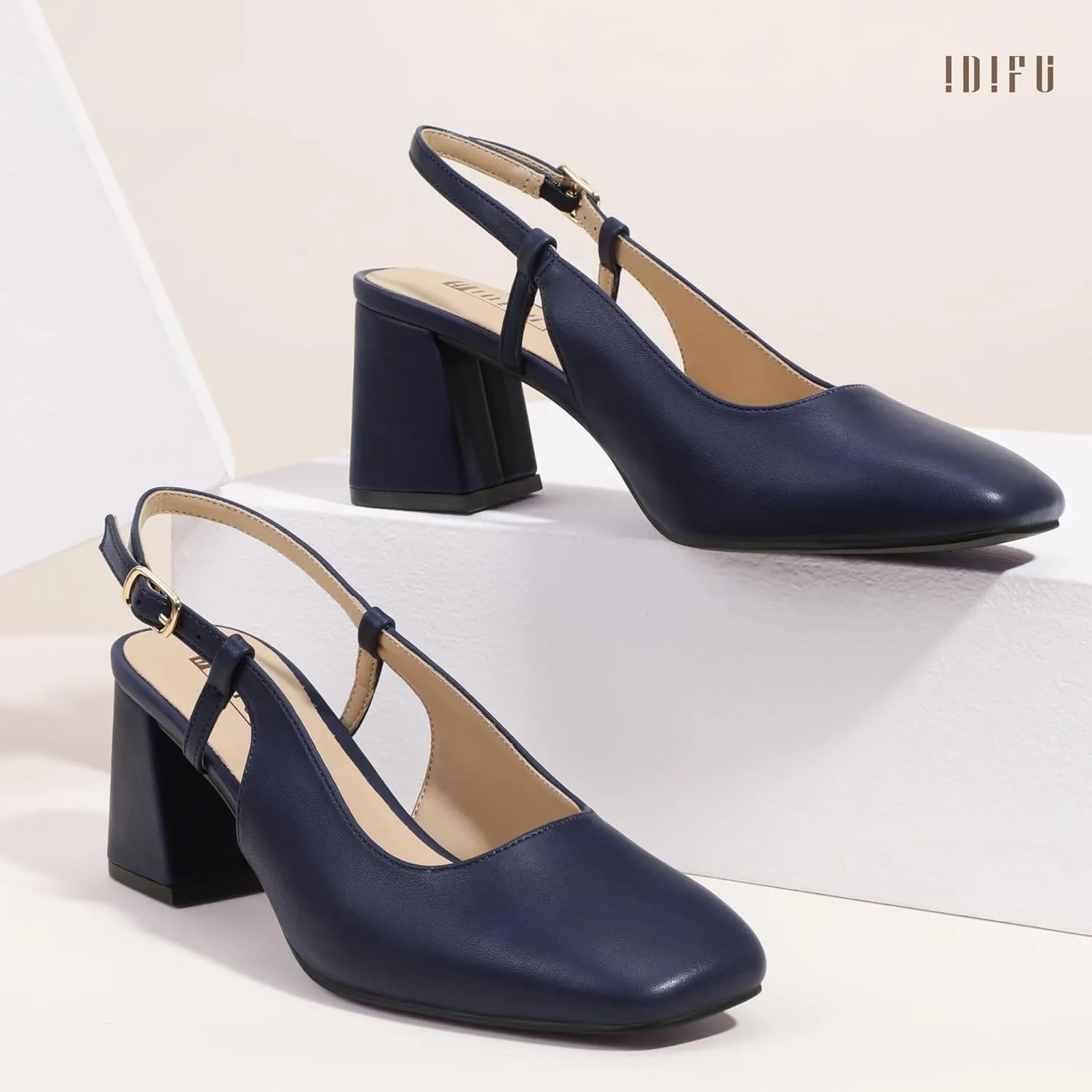 IDIFU IN3 Women's Pumps Closed Toe Chunky Heels Low Slingback Block Square Toe Short Thick Heels Wedding Bride Prom Office Bridal Work Dress Shoes for Women Comfortable Cute Professional Pumps Shoes