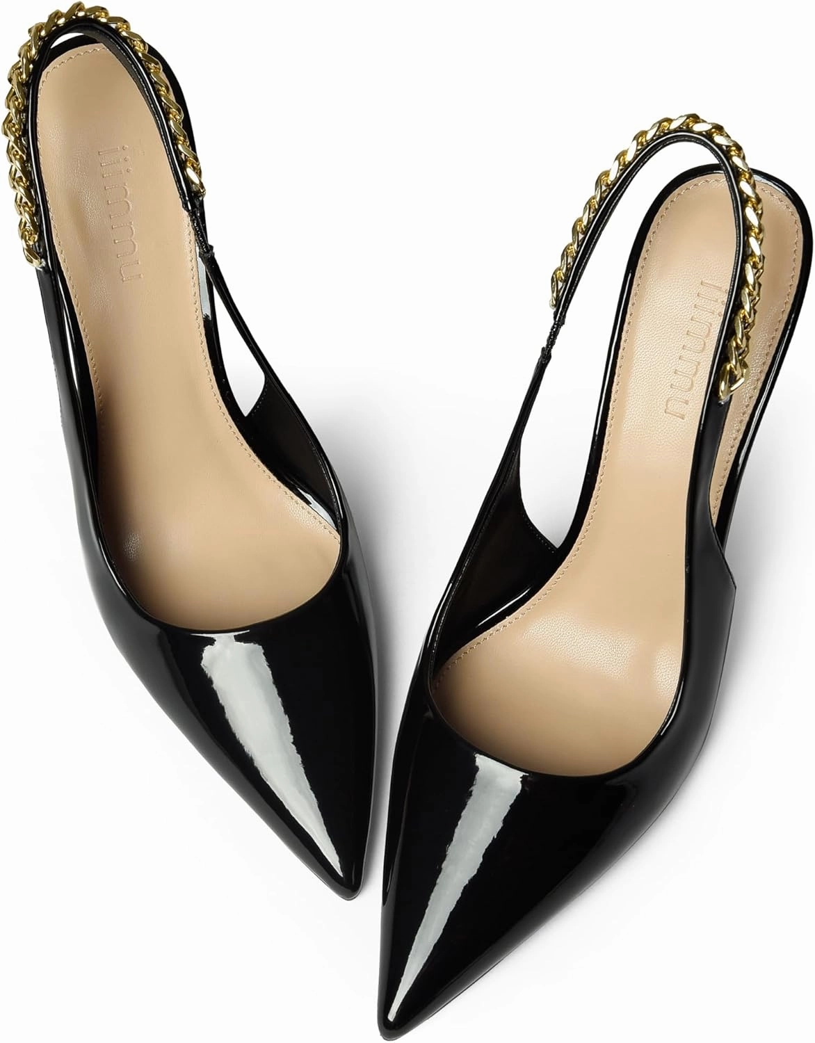 iiimmu Women's Stiletto Heels Closed Pointed Toe 4 in Heels for Women Patent Leather Pumps with Chain Wedding Party Dress Prom Heels Slingback Pumps