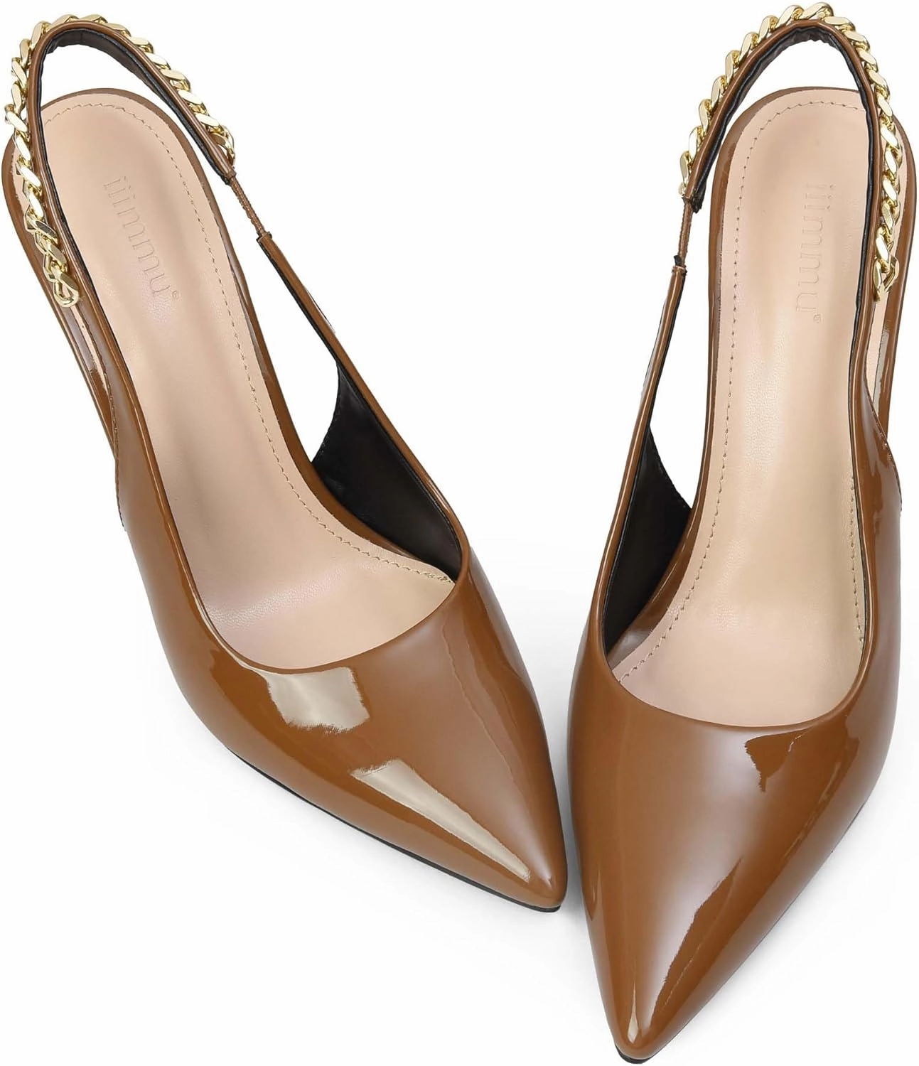 iiimmu Women's Stiletto Heels Closed Pointed Toe 4 in Heels for Women Patent Leather Pumps with Chain Wedding Party Dress Prom Heels Slingback Pumps
