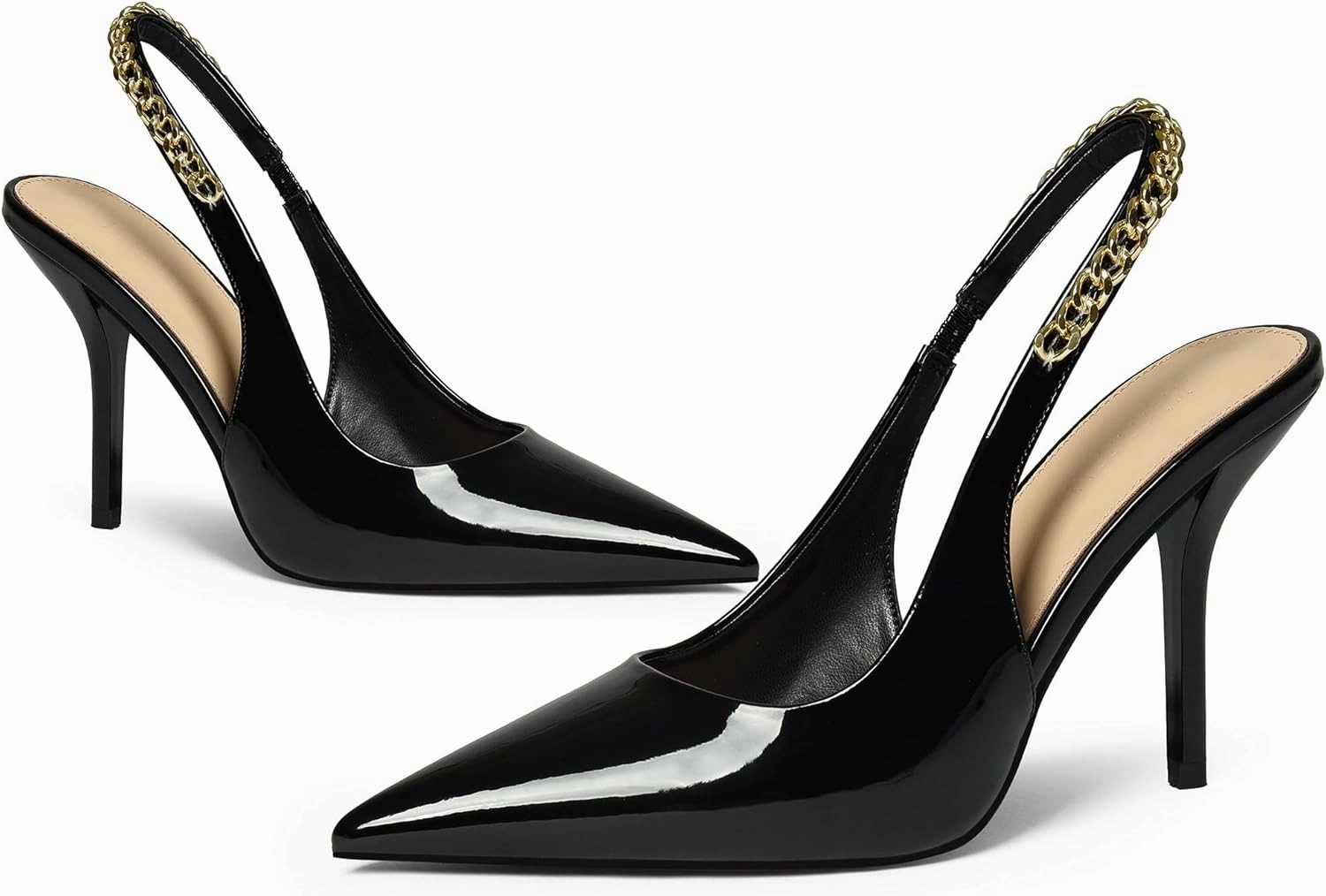 iiimmu Women's Stiletto Heels Closed Pointed Toe 4 in Heels for Women Patent Leather Pumps with Chain Wedding Party Dress Prom Heels Slingback Pumps