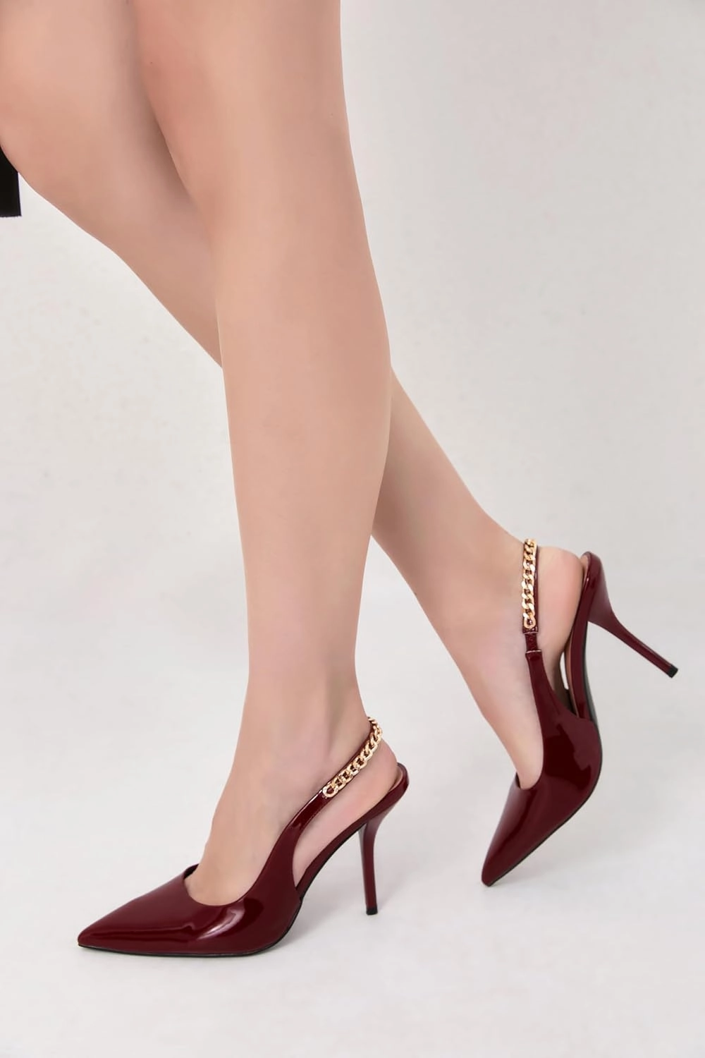 iiimmu Women's Stiletto Heels Closed Pointed Toe 4 in Heels for Women Patent Leather Pumps with Chain Wedding Party Dress Prom Heels Slingback Pumps