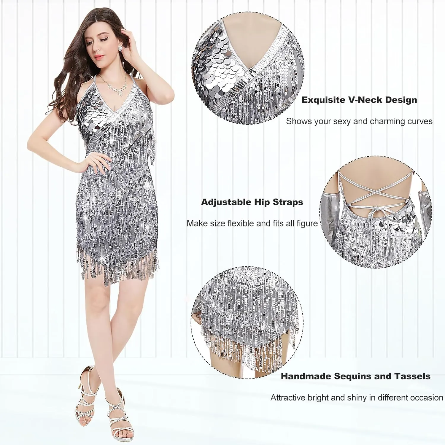 iMucci Fringe Dress Tassel Sequin Latin Dance Dress V-Neck Mini Dress Ballroom Dancing Costume Club Party Flapper Dresses