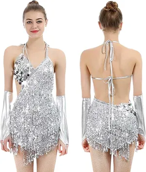 iMucci Fringe Dress Tassel Sequin Latin Dance Dress V-Neck Mini Dress Ballroom Dancing Costume Club Party Flapper Dresses