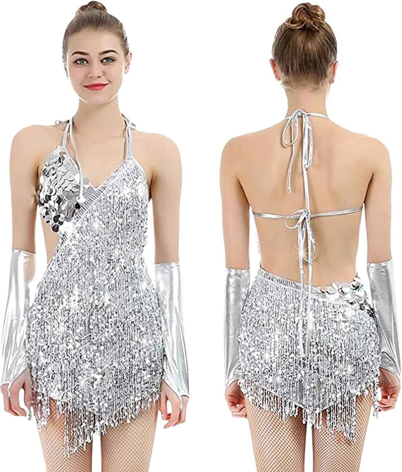 iMucci Fringe Dress Tassel Sequin Latin Dance Dress V-Neck Mini Dress Ballroom Dancing Costume Club Party Flapper Dresses