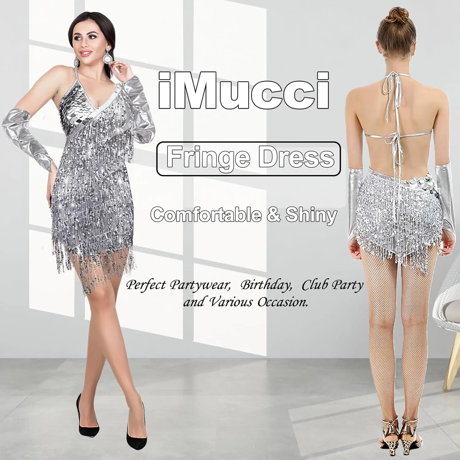 iMucci Fringe Dress Tassel Sequin Latin Dance Dress V-Neck Mini Dress Ballroom Dancing Costume Club Party Flapper Dresses