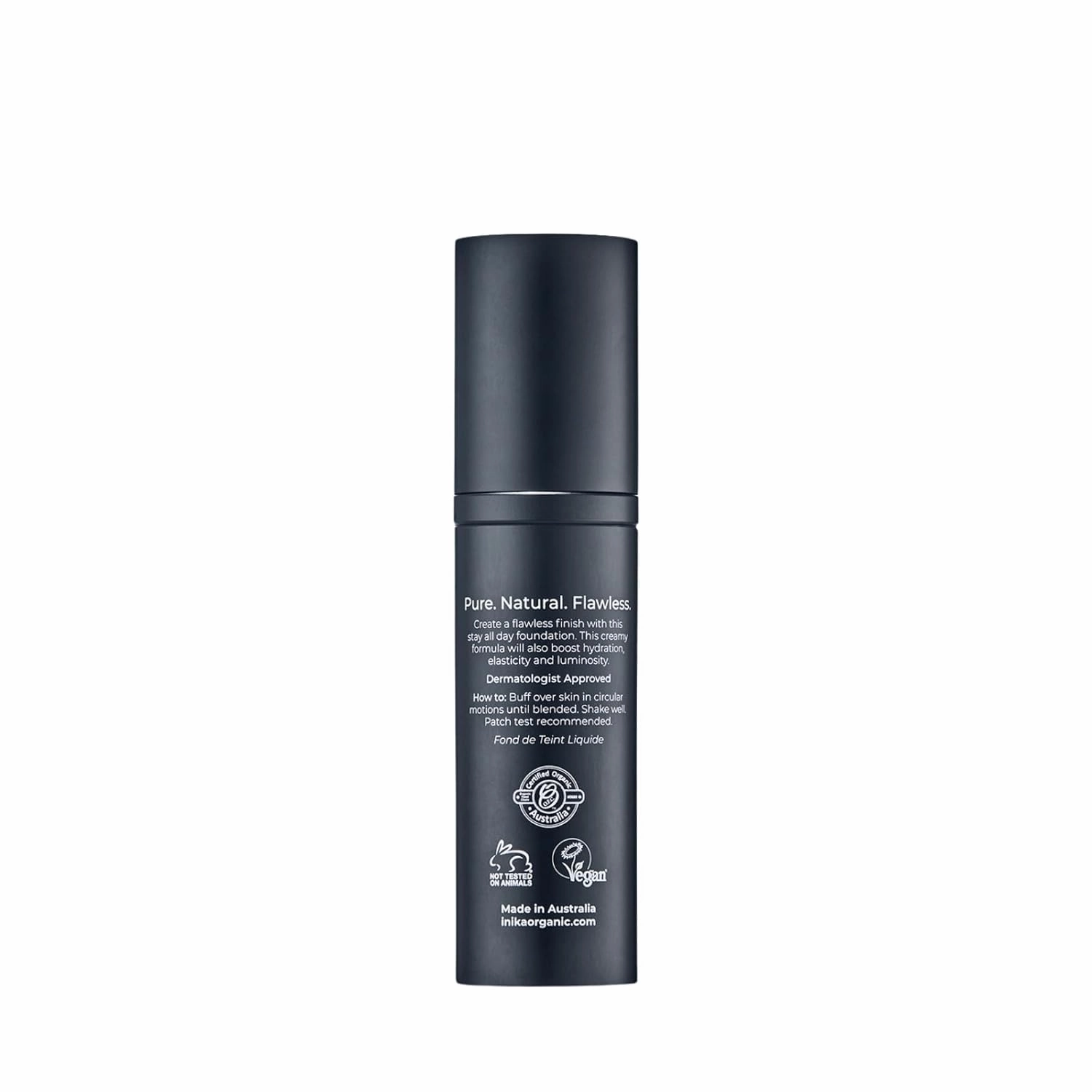 INIKA Organic Full Coverage Liquid Foundation Makeup with Hyaluronic Acid and Argan Oil, Vegan and Organic Foundation for Skin Elasticity and Plumpness, Natural Coverage, Porcelain, 30ml