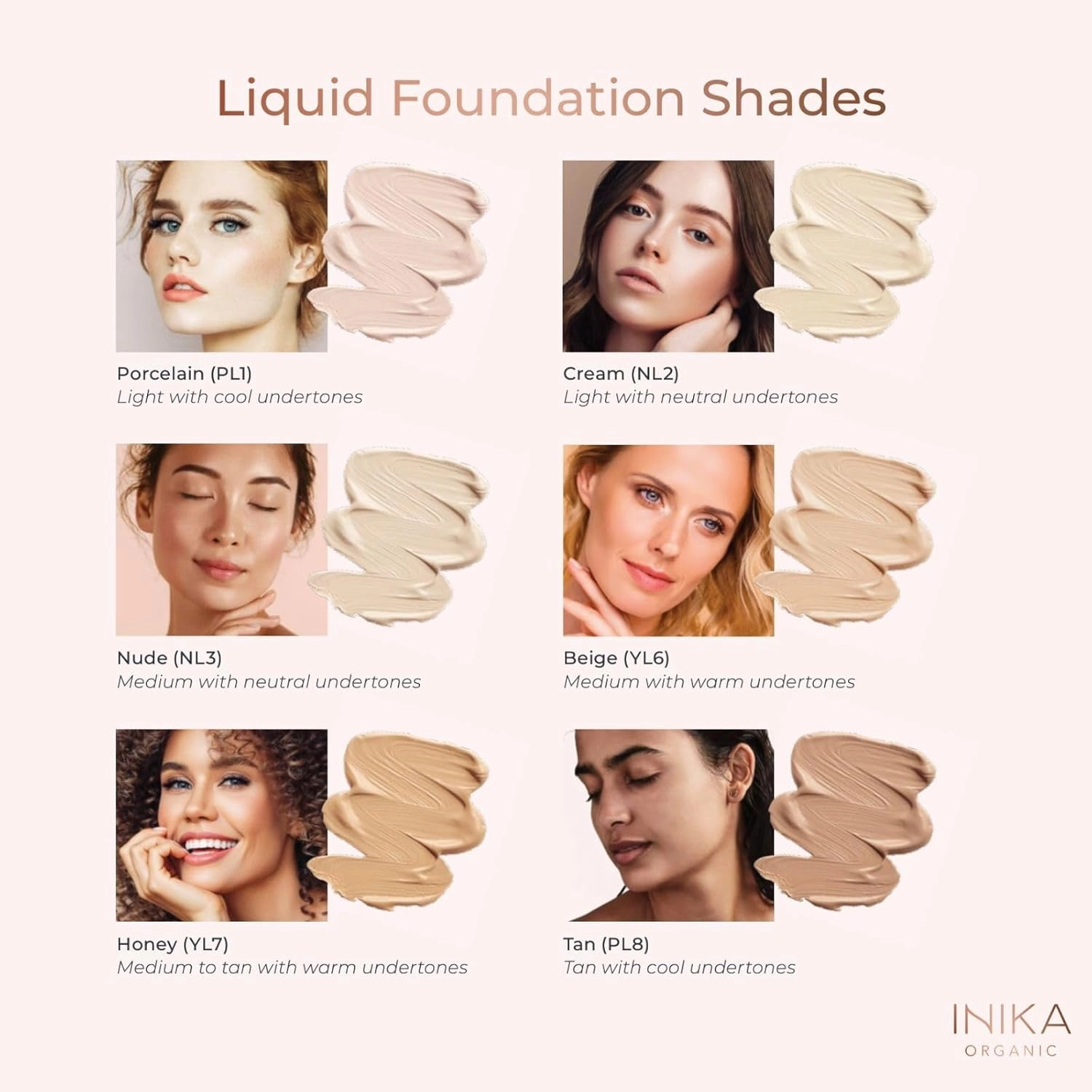 INIKA Organic Full Coverage Liquid Foundation Makeup with Hyaluronic Acid and Argan Oil, Vegan and Organic Foundation for Skin Elasticity and Plumpness, Natural Coverage, Porcelain, 30ml