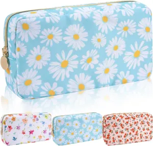 Iqimott Floral Nylon Small Makeup Bag Cosmetic Zipper Pouch, Cute Preppy Cosmetic Bag Make Up Pouch Purse, Waterproof Travel Toiletry Bag Coin Purse Storage Organizer Bag for Women Girls(Blue Daisy)