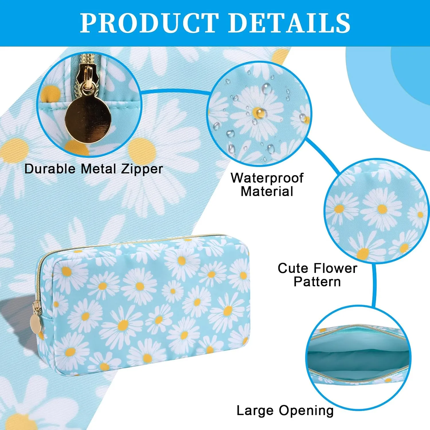 Iqimott Floral Nylon Small Makeup Bag Cosmetic Zipper Pouch, Cute Preppy Cosmetic Bag Make Up Pouch Purse, Waterproof Travel Toiletry Bag Coin Purse Storage Organizer Bag for Women Girls(Blue Daisy)
