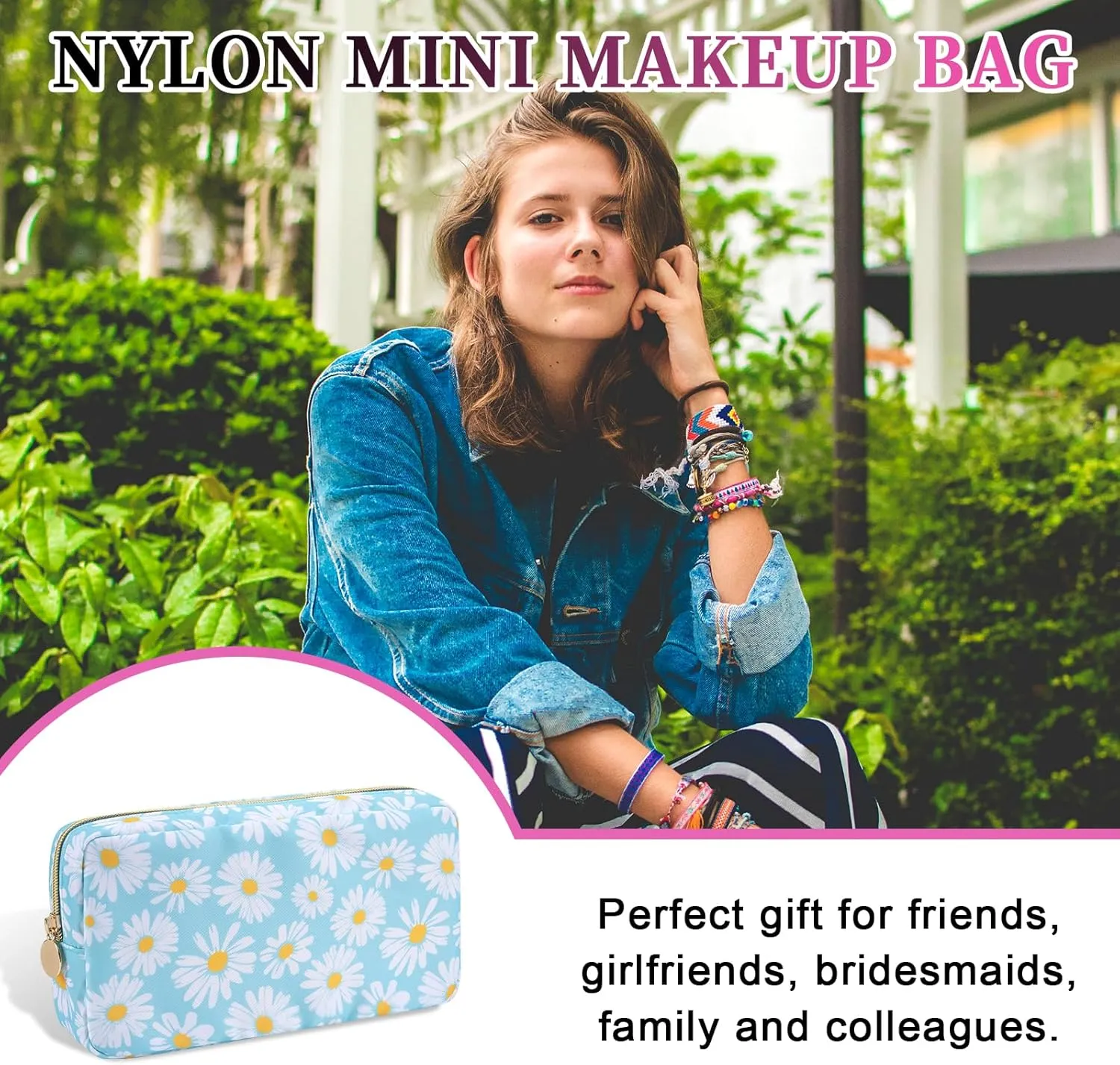 Iqimott Floral Nylon Small Makeup Bag Cosmetic Zipper Pouch, Cute Preppy Cosmetic Bag Make Up Pouch Purse, Waterproof Travel Toiletry Bag Coin Purse Storage Organizer Bag for Women Girls(Blue Daisy)