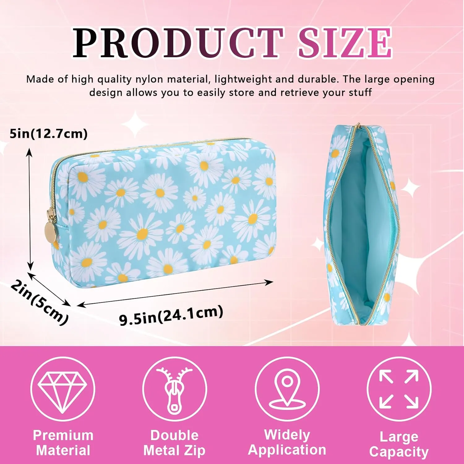 Iqimott Floral Nylon Small Makeup Bag Cosmetic Zipper Pouch, Cute Preppy Cosmetic Bag Make Up Pouch Purse, Waterproof Travel Toiletry Bag Coin Purse Storage Organizer Bag for Women Girls(Blue Daisy)
