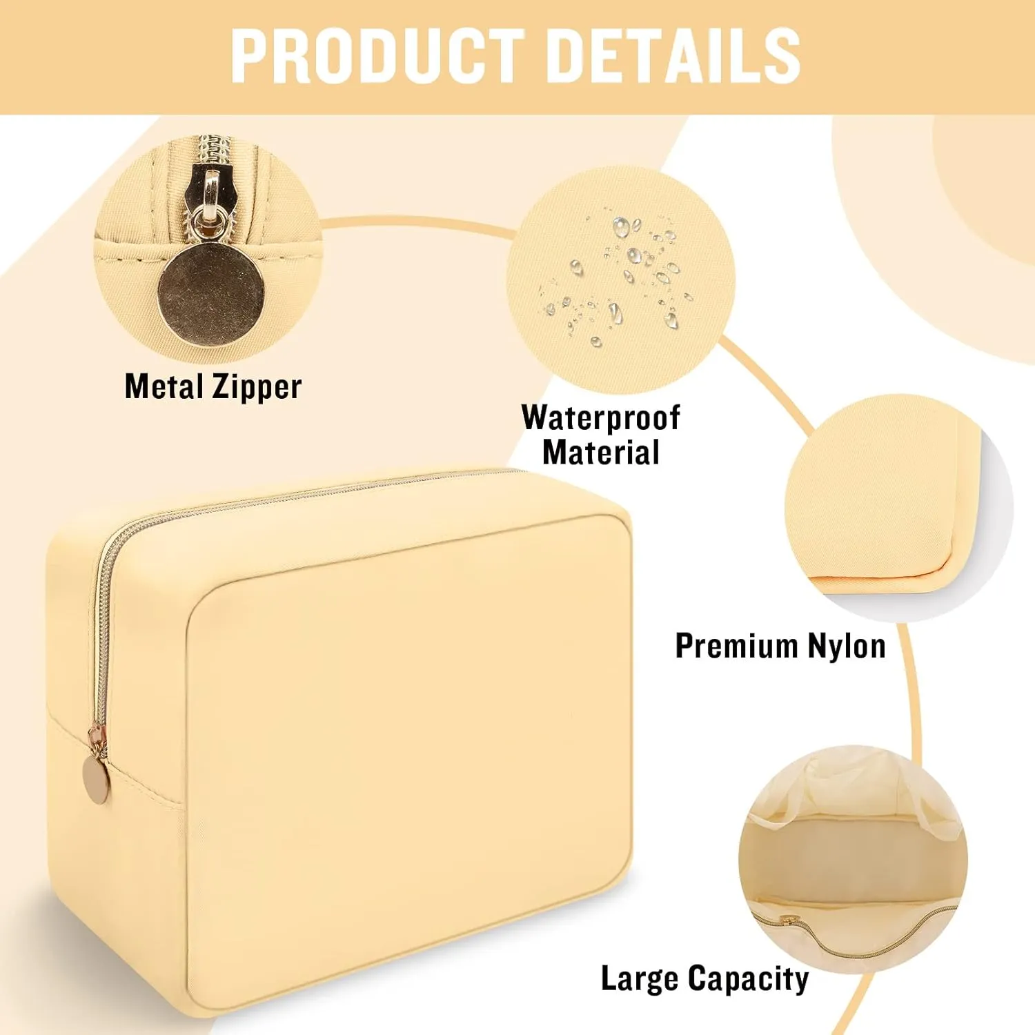 Iqimott Nylon Makeup Bag, Large Capacity Travel Pouch, Waterproof Zipper Makeup Organizer for Women, Girls and Teens (Beige)