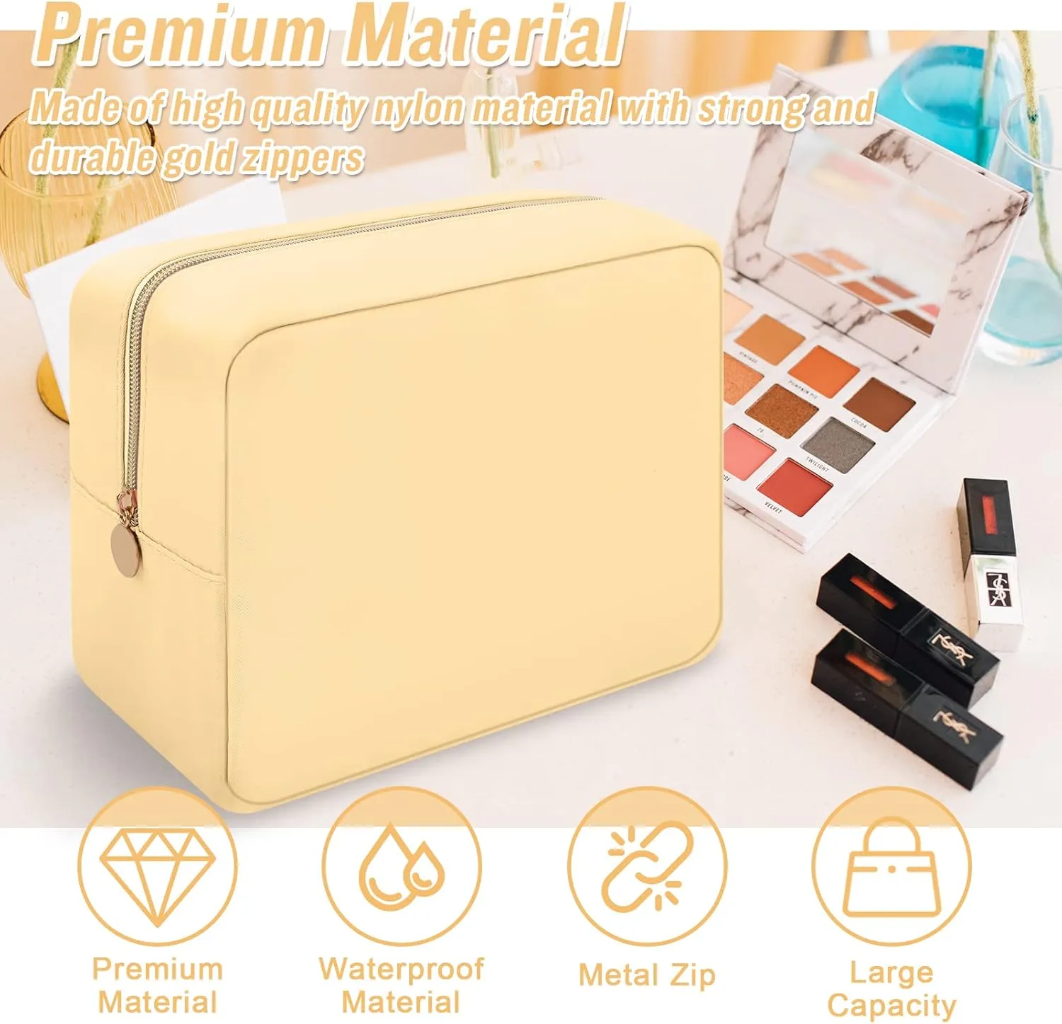 Iqimott Nylon Makeup Bag, Large Capacity Travel Pouch, Waterproof Zipper Makeup Organizer for Women, Girls and Teens (Beige)