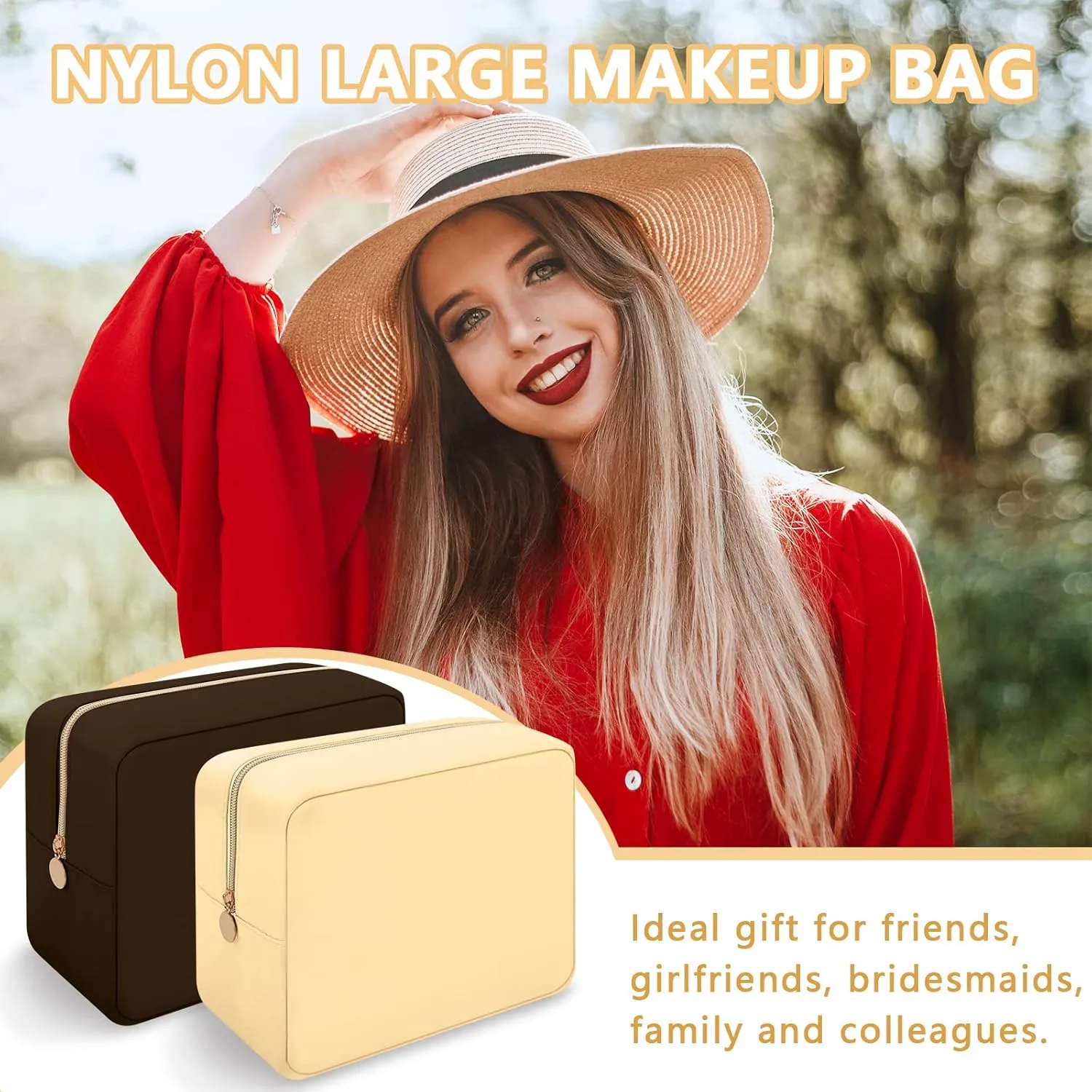 Iqimott Nylon Makeup Bag, Large Capacity Travel Pouch, Waterproof Zipper Makeup Organizer for Women, Girls and Teens (Beige)