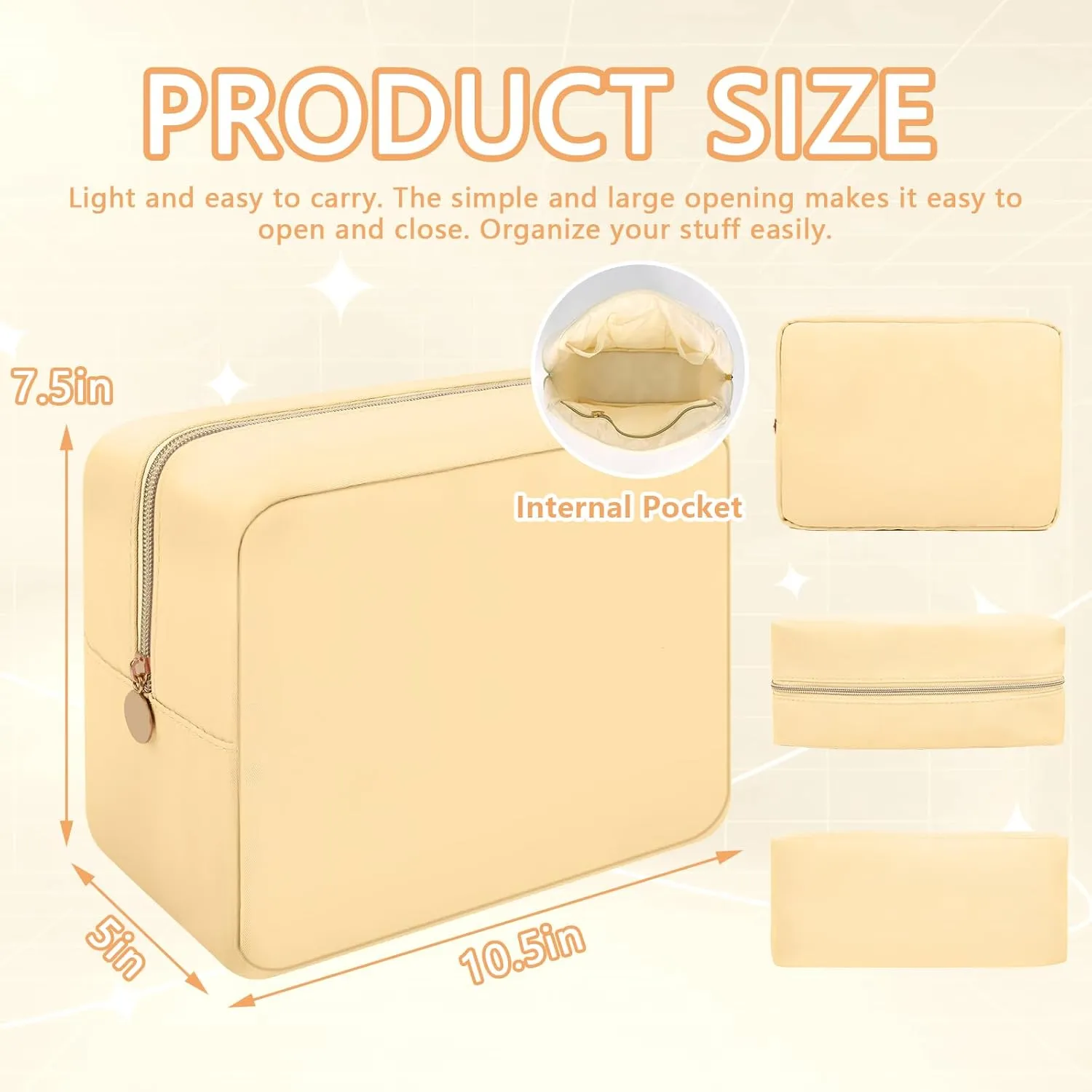 Iqimott Nylon Makeup Bag, Large Capacity Travel Pouch, Waterproof Zipper Makeup Organizer for Women, Girls and Teens (Beige)