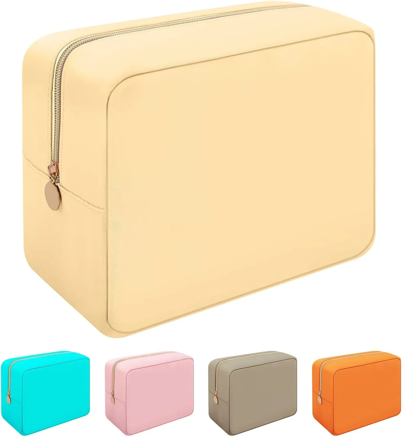 Iqimott Nylon Makeup Bag, Large Capacity Travel Pouch, Waterproof Zipper Makeup Organizer for Women, Girls and Teens (Beige)