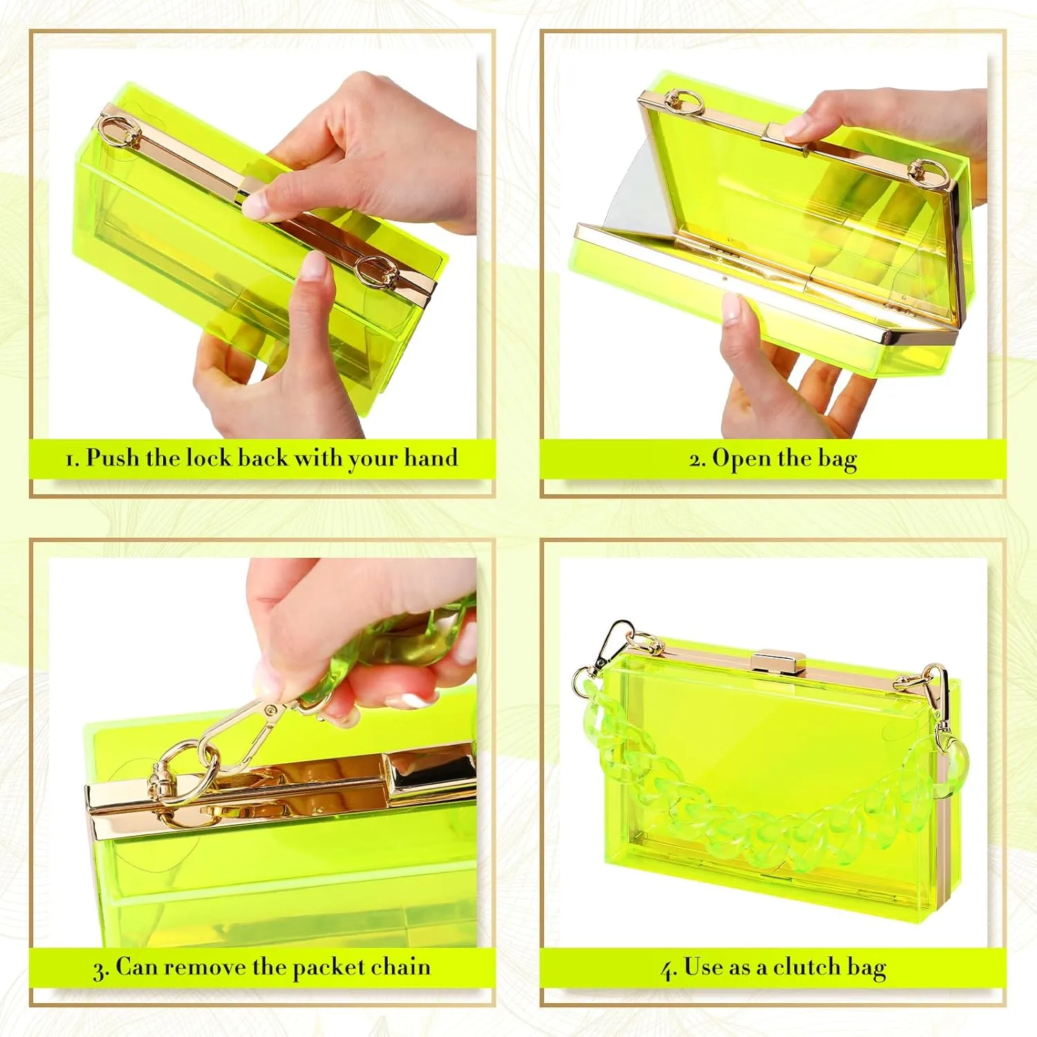 Jadive 4 Pcs Women Acrylic Hand Purse Clear Clutch Evening Bag Retro Earring Bracelet Jewelry Set Neon Vintage Wedding Gift