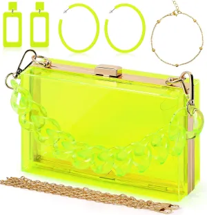 Jadive 4 Pcs Women Acrylic Hand Purse Clear Clutch Evening Bag Retro Earring Bracelet Jewelry Set Neon Vintage Wedding Gift