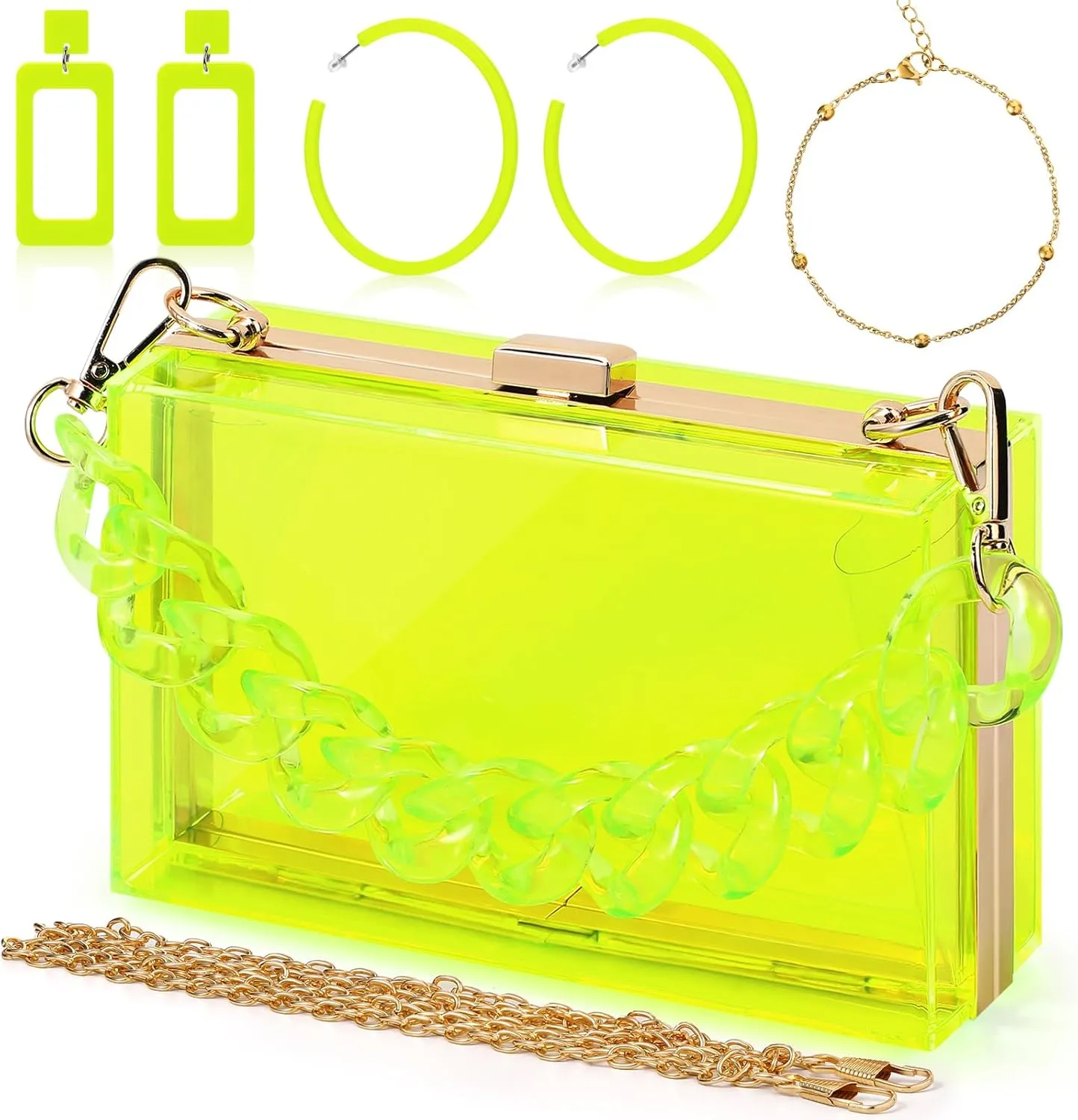 Jadive 4 Pcs Women Acrylic Hand Purse Clear Clutch Evening Bag Retro Earring Bracelet Jewelry Set Neon Vintage Wedding Gift