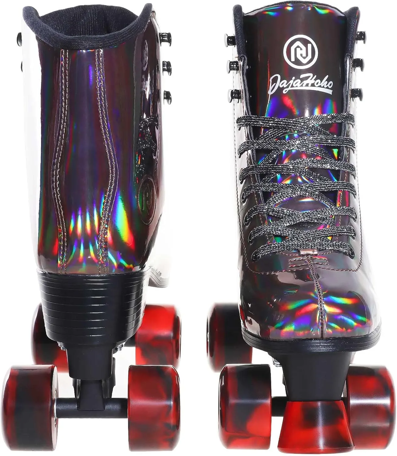 JajaHoho Roller Skates for Women, Black Holographic High Top PU Leather Rollerskates, Shiny Double-Row Four Wheels Quad Skates for Girls and Age 8-50 Indoor Outdoor (Golden Black)