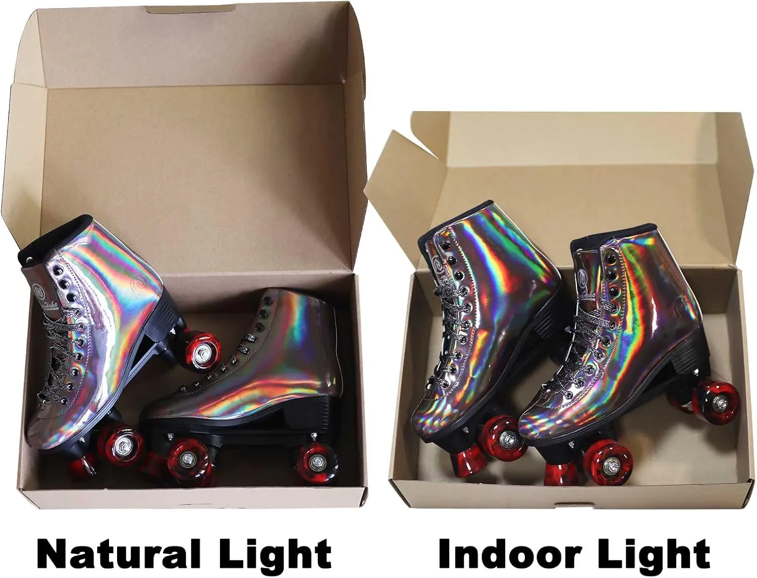 JajaHoho Roller Skates for Women, Black Holographic High Top PU Leather Rollerskates, Shiny Double-Row Four Wheels Quad Skates for Girls and Age 8-50 Indoor Outdoor (Golden Black)