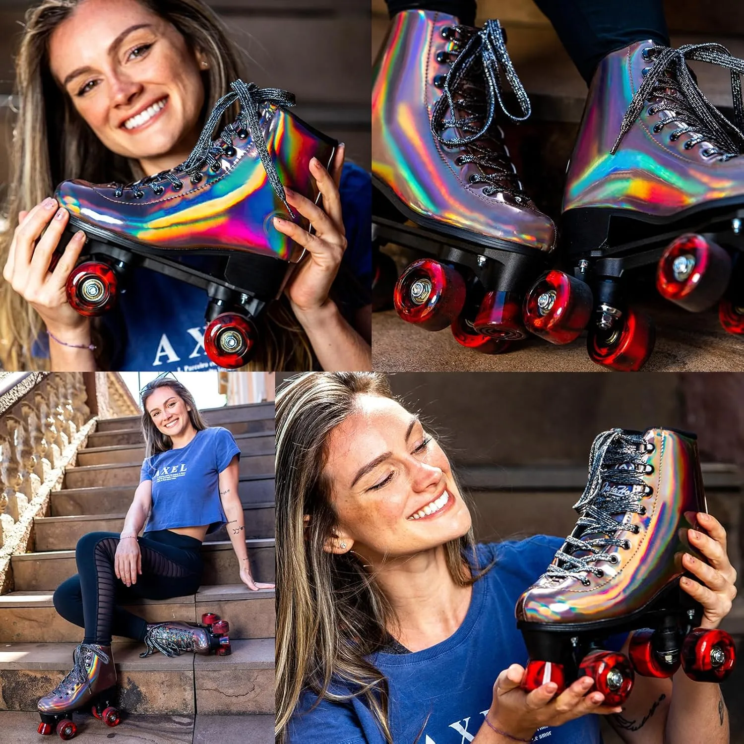 JajaHoho Roller Skates for Women, Black Holographic High Top PU Leather Rollerskates, Shiny Double-Row Four Wheels Quad Skates for Girls and Age 8-50 Indoor Outdoor (Golden Black)