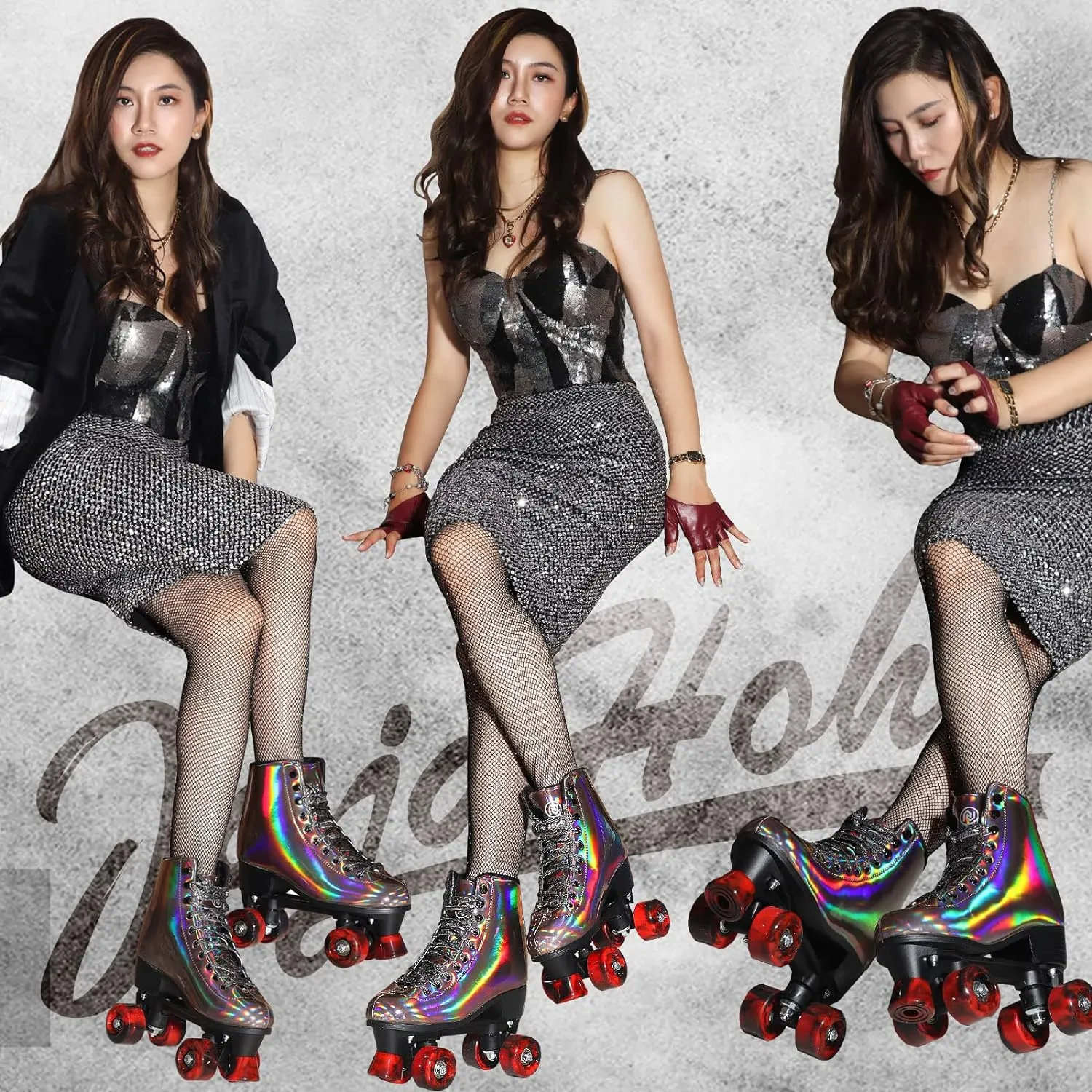 JajaHoho Roller Skates for Women, Black Holographic High Top PU Leather Rollerskates, Shiny Double-Row Four Wheels Quad Skates for Girls and Age 8-50 Indoor Outdoor (Golden Black)