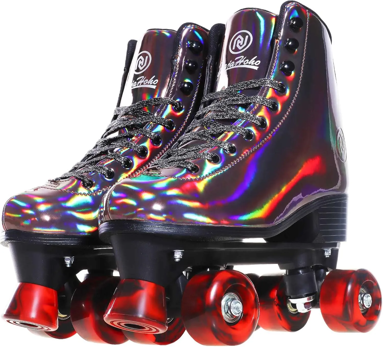 JajaHoho Roller Skates for Women, Black Holographic High Top PU Leather Rollerskates, Shiny Double-Row Four Wheels Quad Skates for Girls and Age 8-50 Indoor Outdoor (Golden Black)