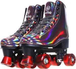 JajaHoho Roller Skates for Women, Black Holographic High Top PU Leather Rollerskates, Shiny Double-Row Four Wheels Quad Skates for Girls and Age 8-50 Indoor Outdoor (Golden Black)