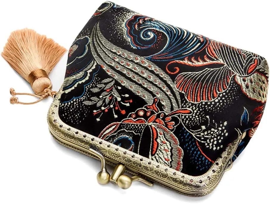 Jan&Dee Silk Buckle Coin Purses Vintage Pouch Kiss-lock Change Purse Flying Butterfly