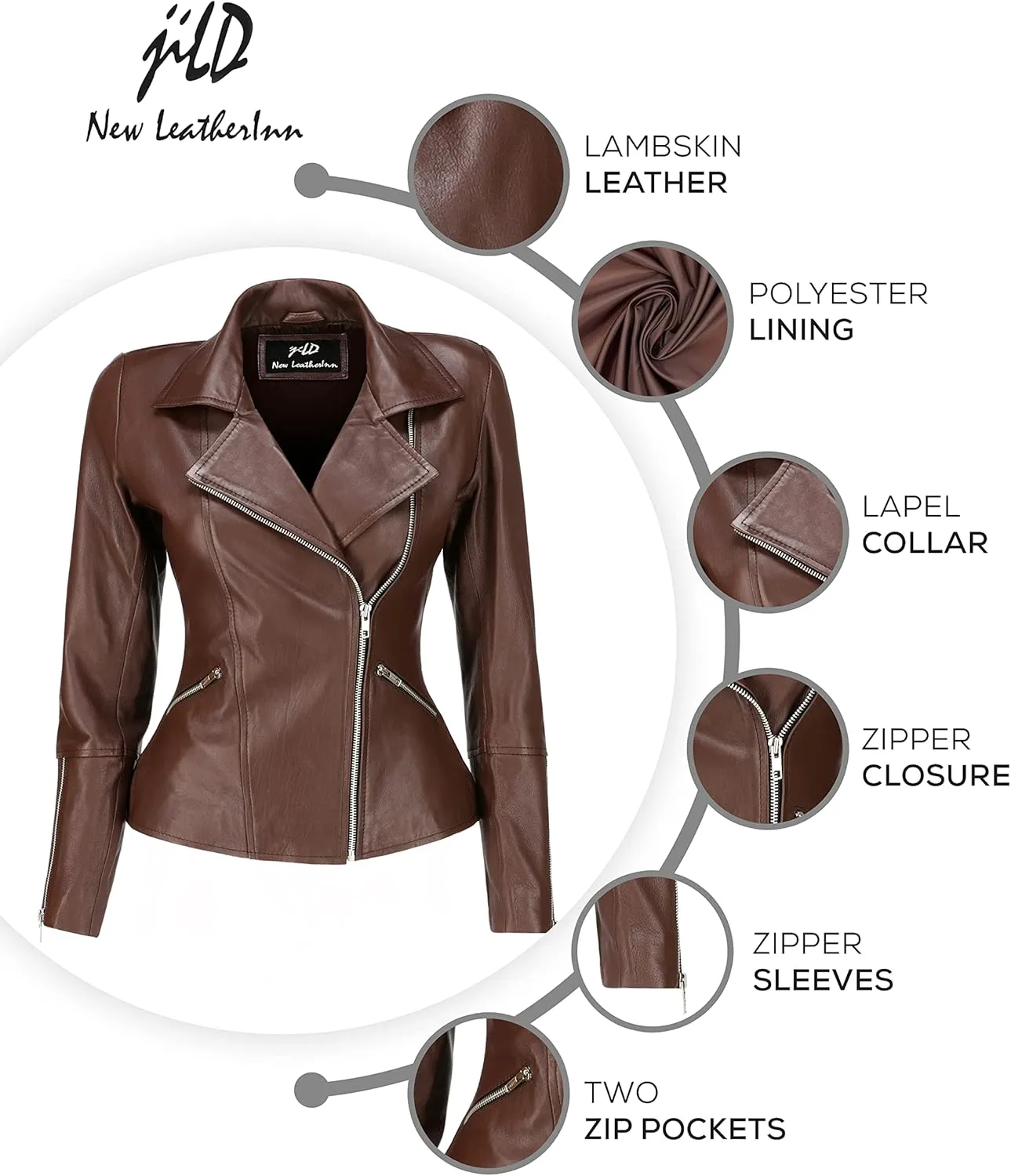 Jild Women's Asymmetrical Zip-Up Real Lambskin Leather Motorcycle Jacket - Casual Fashion Moto Biker Leather Jacket Women