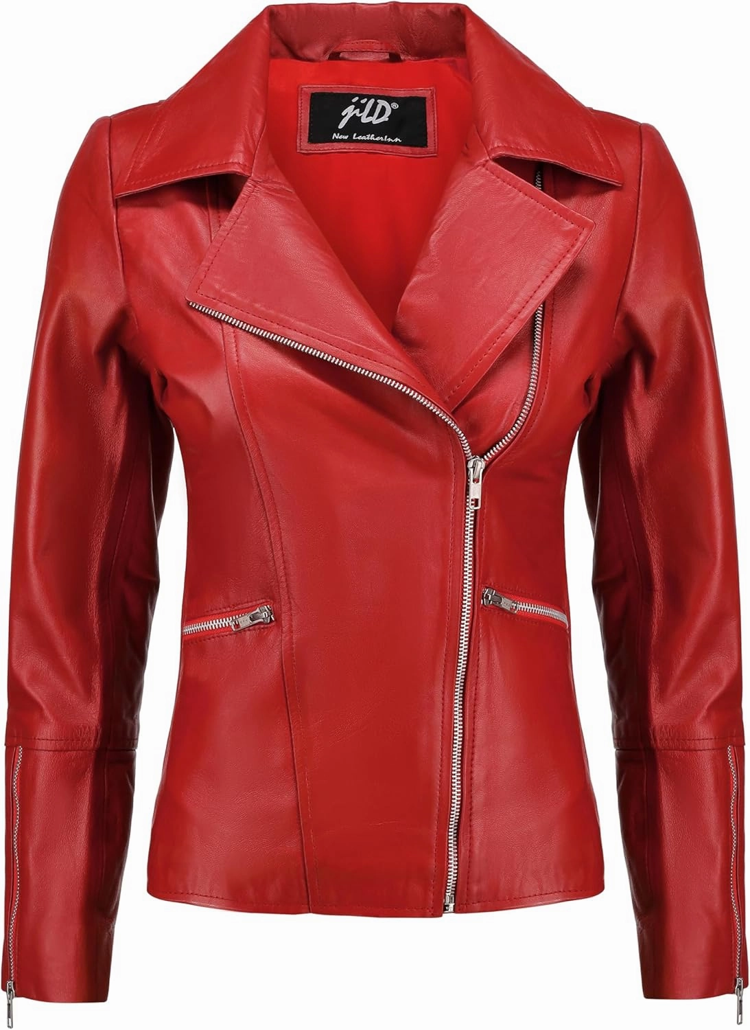 Jild Women's Asymmetrical Zip-Up Real Lambskin Leather Motorcycle Jacket - Casual Fashion Moto Biker Leather Jacket Women