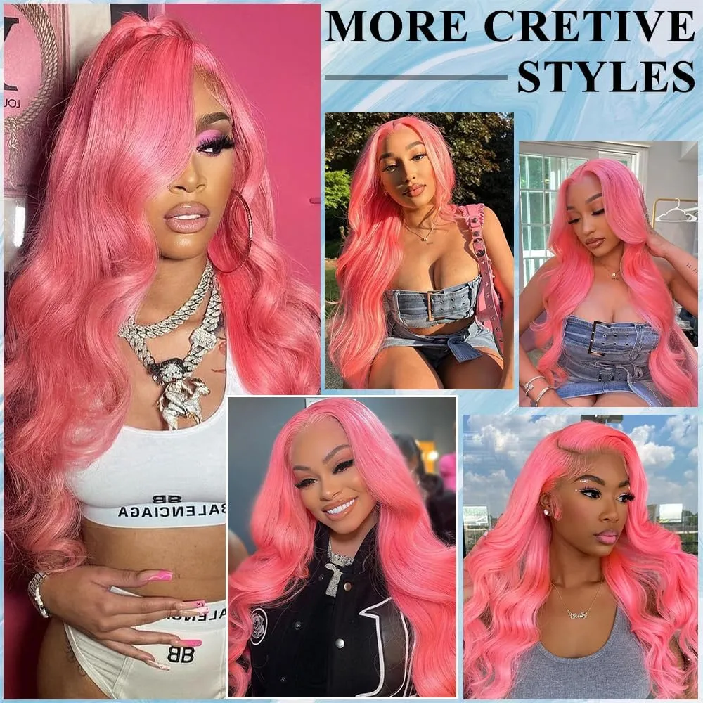 JKD Pink Lace Front Wig Human Hair 13x4 HD Lace Pink Wig Human Hair Pink Body Wave Lace Front Wigs Human Hair Pre Plucked Colored 180% Density Colored Frontal Wig for Women 22 Inch
