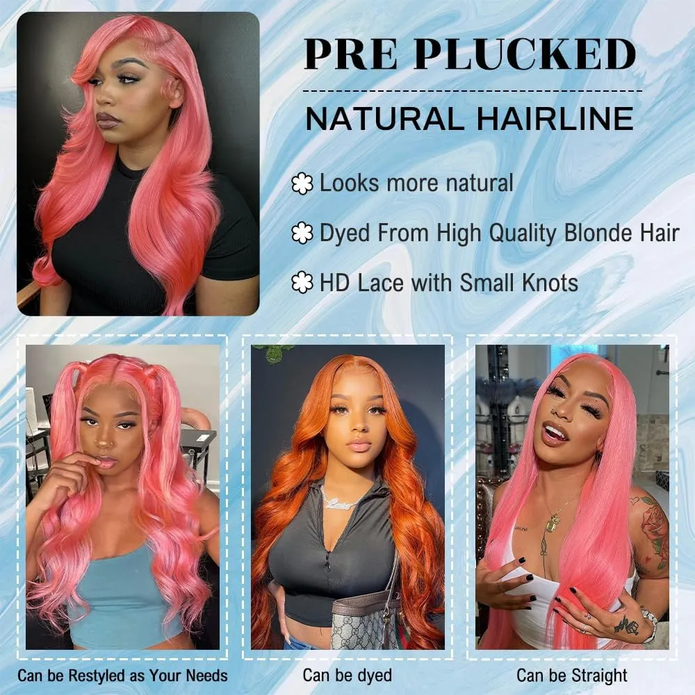 JKD Pink Lace Front Wig Human Hair 13x4 HD Lace Pink Wig Human Hair Pink Body Wave Lace Front Wigs Human Hair Pre Plucked Colored 180% Density Colored Frontal Wig for Women 22 Inch