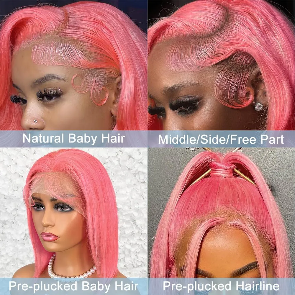 JKD Pink Lace Front Wig Human Hair 13x4 HD Lace Pink Wig Human Hair Pink Body Wave Lace Front Wigs Human Hair Pre Plucked Colored 180% Density Colored Frontal Wig for Women 22 Inch