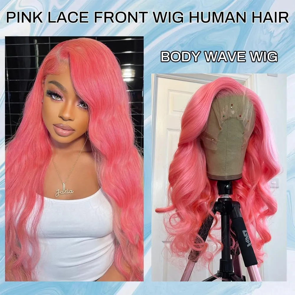 JKD Pink Lace Front Wig Human Hair 13x4 HD Lace Pink Wig Human Hair Pink Body Wave Lace Front Wigs Human Hair Pre Plucked Colored 180% Density Colored Frontal Wig for Women 22 Inch
