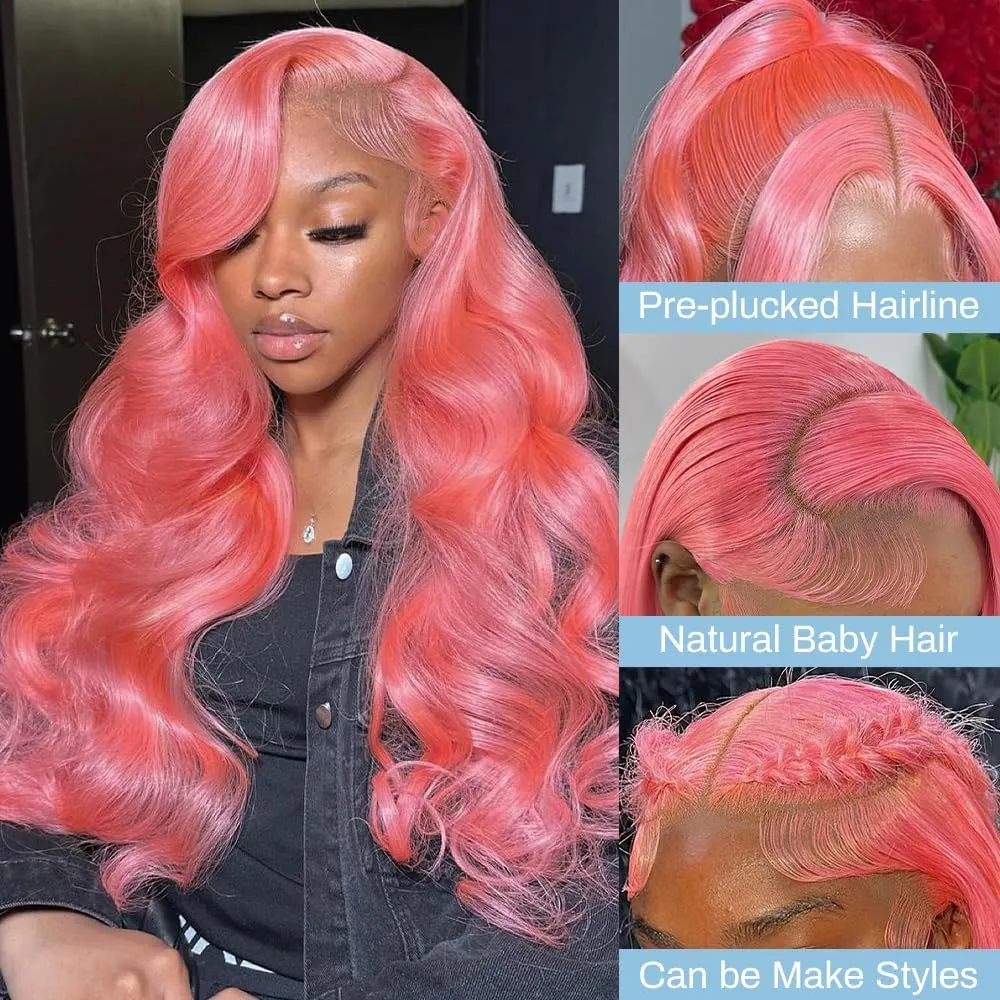 JKD Pink Lace Front Wig Human Hair 13x4 HD Lace Pink Wig Human Hair Pink Body Wave Lace Front Wigs Human Hair Pre Plucked Colored 180% Density Colored Frontal Wig for Women 22 Inch