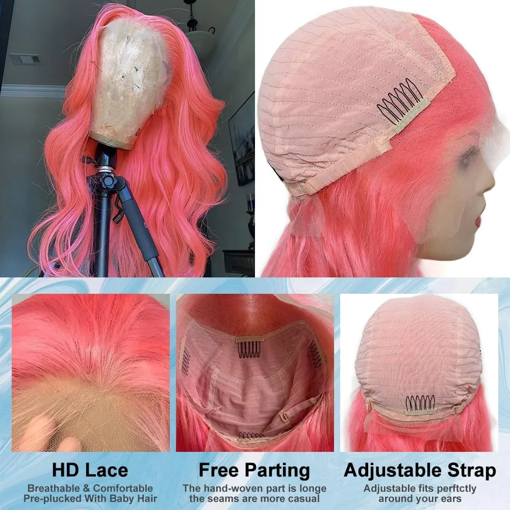 JKD Pink Lace Front Wig Human Hair 13x4 HD Lace Pink Wig Human Hair Pink Body Wave Lace Front Wigs Human Hair Pre Plucked Colored 180% Density Colored Frontal Wig for Women 22 Inch