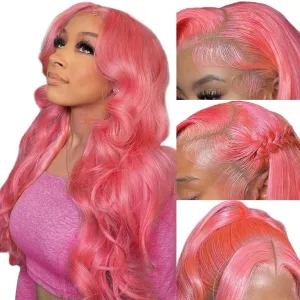 JKD Pink Lace Front Wig Human Hair 13x4 HD Lace Pink Wig Human Hair Pink Body Wave Lace Front Wigs Human Hair Pre Plucked Colored 180% Density Colored Frontal Wig for Women 22 Inch